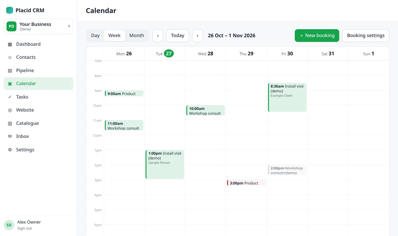 Placid CRM booking calendar week view with customer bookings
