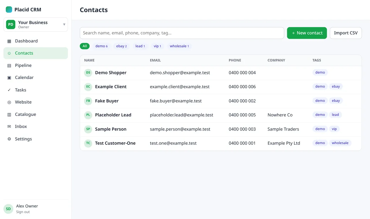 Placid CRM contacts list with tags